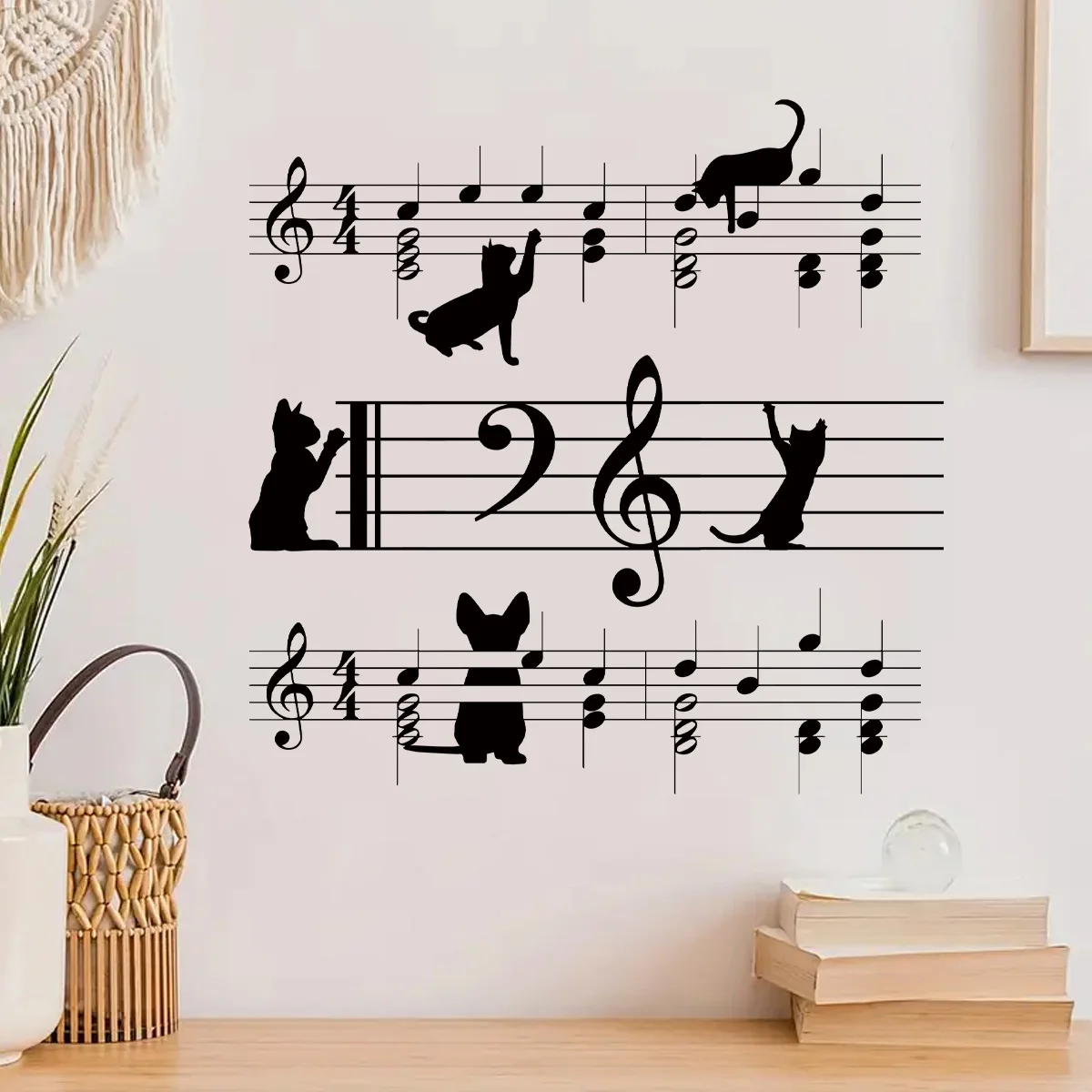 Black Cat Musical Notation Music Wall Stickers Creative Art Vinyl Decals for Kids Room Kindergarten Classroom Wall Decoration