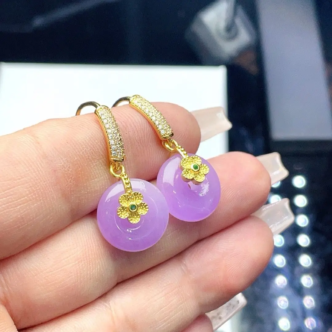 

Myanmar Laokeng Jade Pure Natural Glutinous Violet Safety Buckle Earrings Fine Carving Versatile Fashion Send Yourself