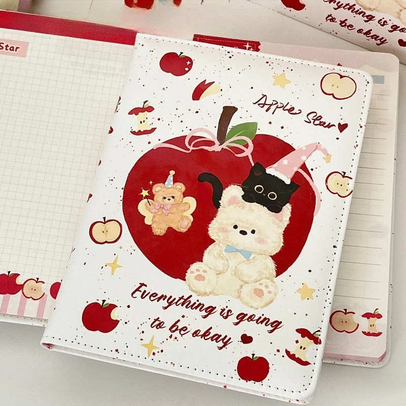 Office School SuppliesCute Apple Bear A5PU Leather Painted Inner Page Notebook Student Thickened High Looking Ins Style Hand