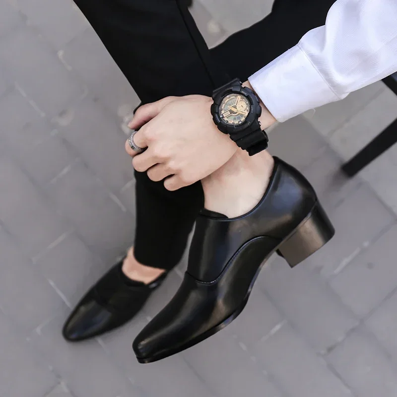 High Quality Leather Men Dress Shoes High Heel British Mens Elevator Business Shoes Wedding Party Male Oxford Footwear