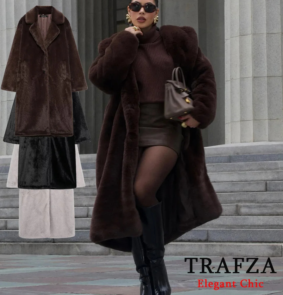 Women's Fall Winter Faux Fur Long Coat TRAFZA Vintage Lapel Buttons Loose Coat New 2025 Fashion Casual High Street Warm Coat