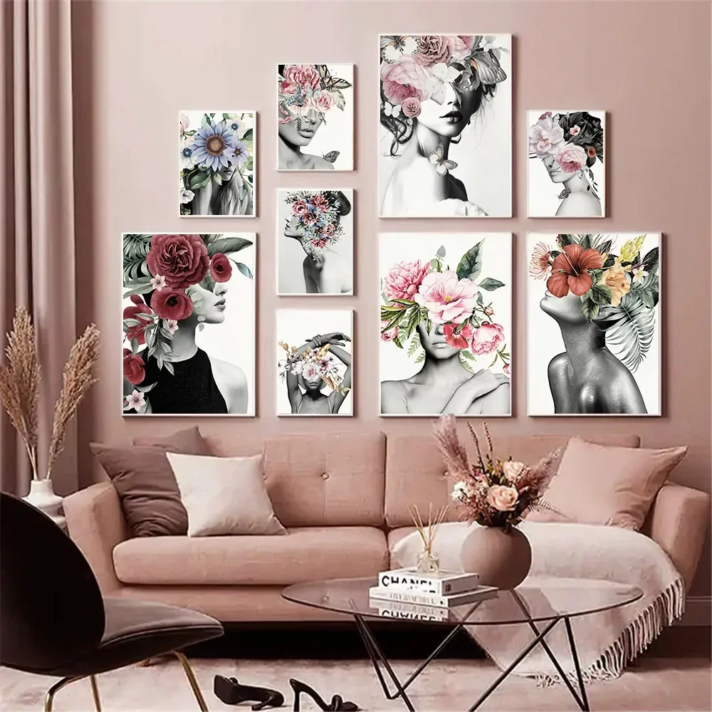 Woman Head Flower Wall Art Canvas Painting Naked Female Body Print Poster Beauty Lady Paintings Nordic Wall Pictures Home Decor view 2