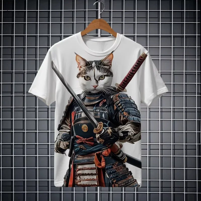 Fashion Japanese Samurai Cat 3D Print Men's short Sleeve T-shirt Casual festival Crew Neck t shirt Tops polyester Men Clothing