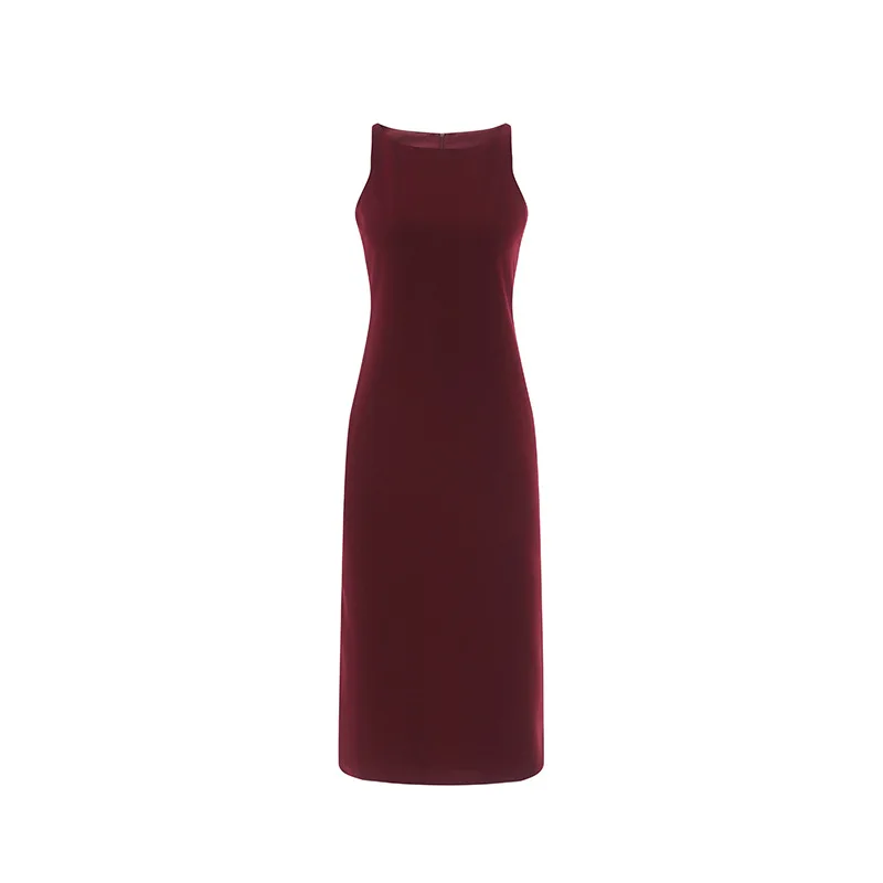 

Red Solid Women Sleeveless O-Neck Dress Office Lady's Long Dress