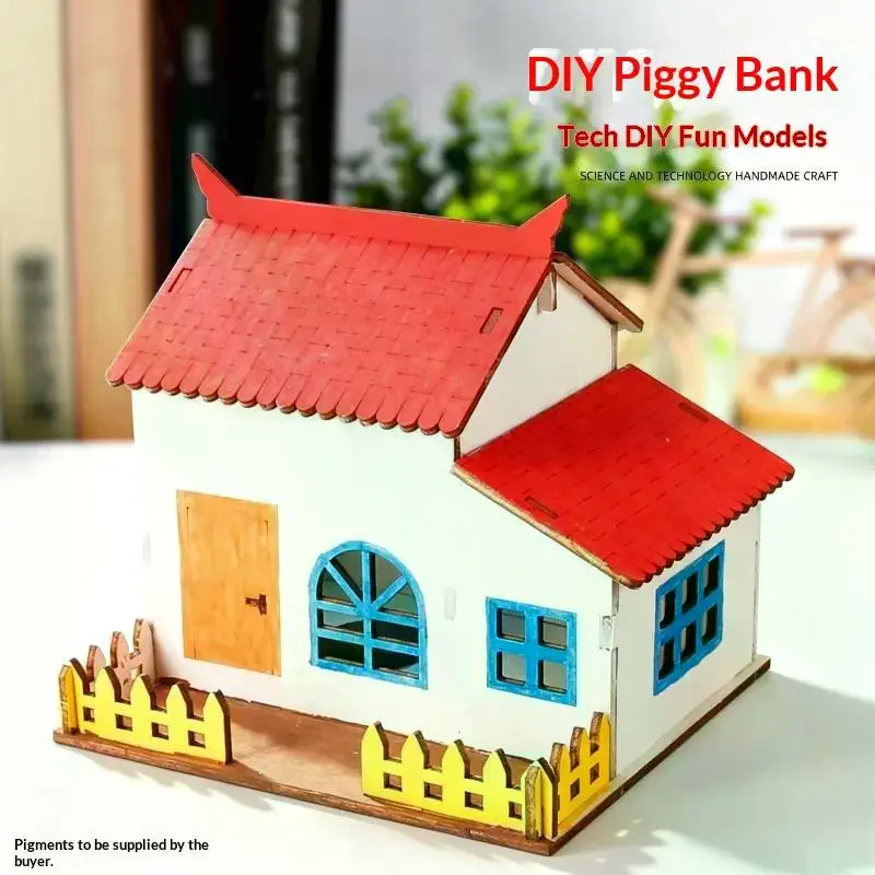 Wooden House Piggy Bank DIY Assembly Model Kit: Handmade House Coloring Educational Science Craft Toys Kid Gift