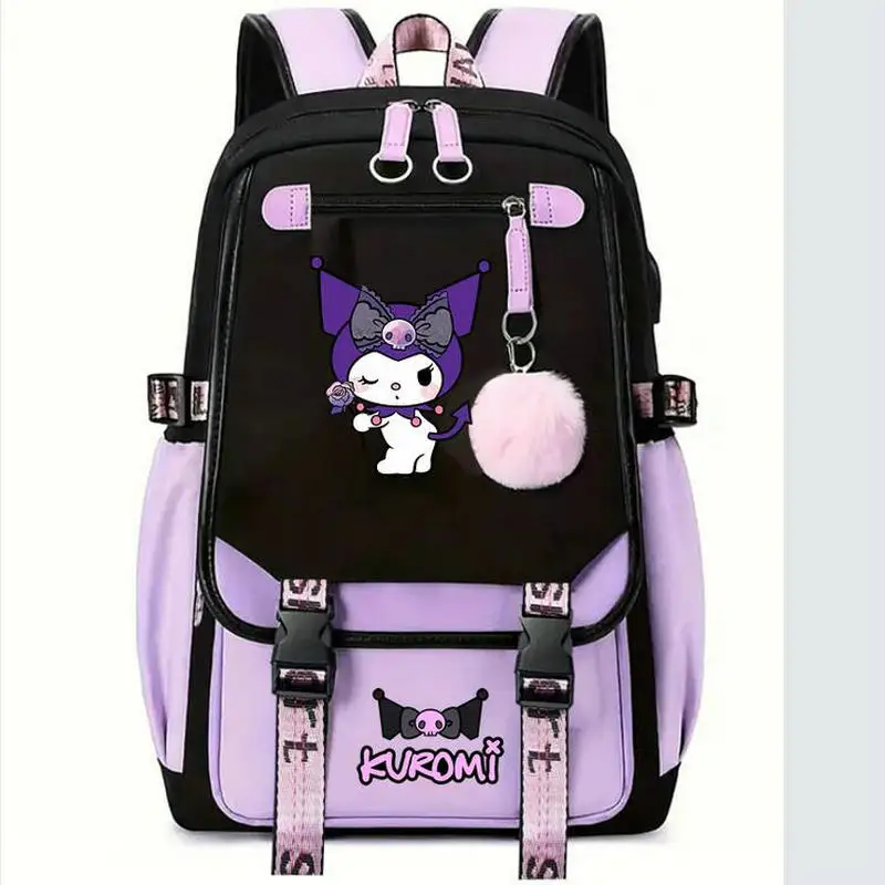 Kuromi Cartoon Travel Backpacks, Patchwork USB, Leve, Laptop, Adolescentes Sacos De Escola, Capacidade, Mulheres, Meninas, Adorável