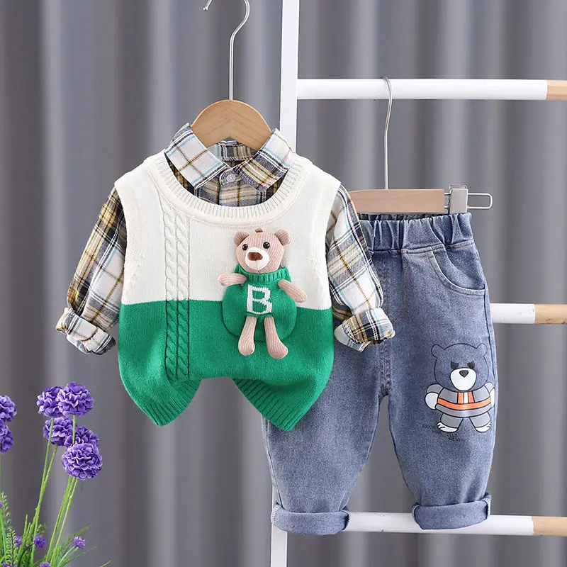 Spring and Autumn Baby Boys Clothing Set New Children\'s Sweater Vest Shirt Pants 3-piece Set Kids Outfits 6M 2T 3T 4T 5T