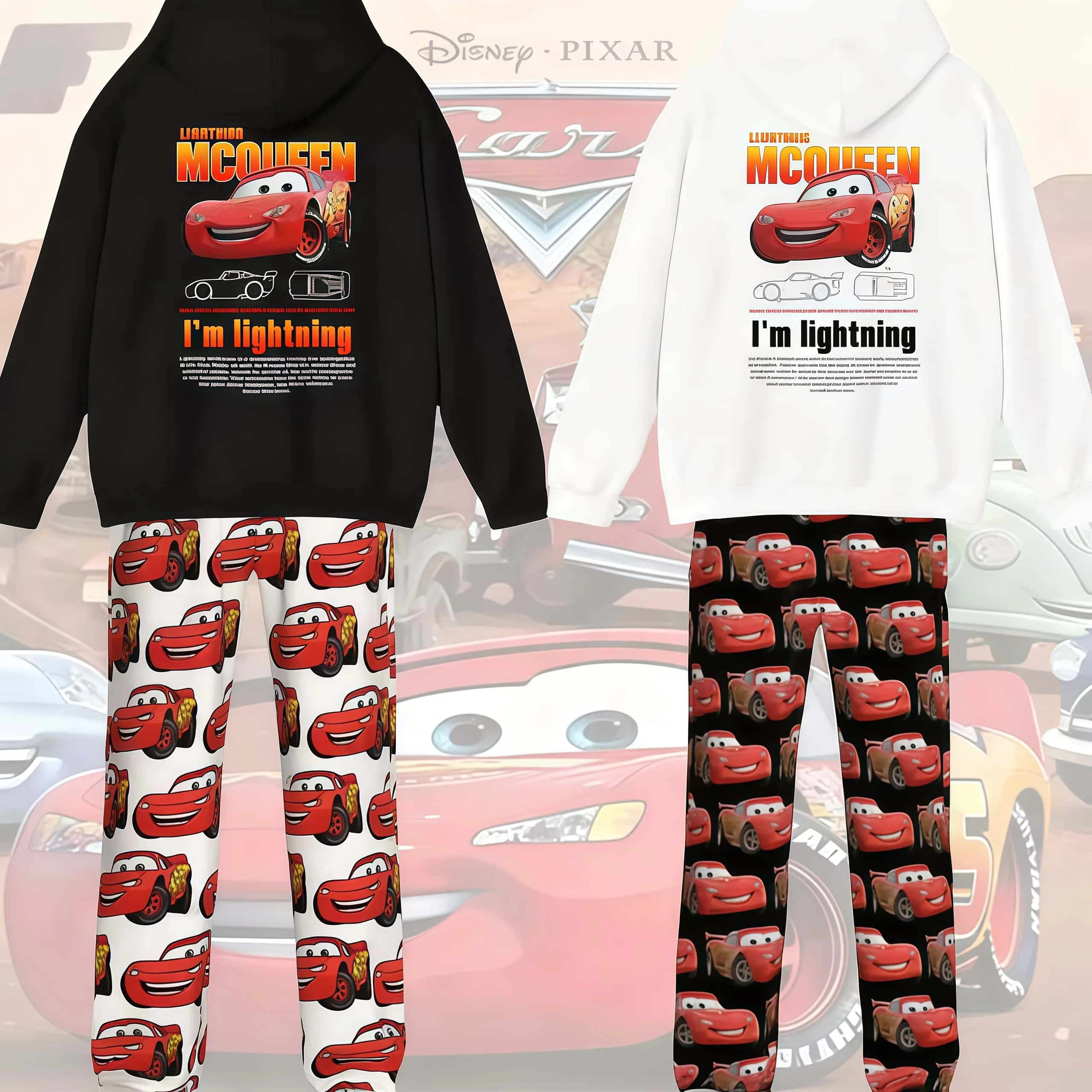 

Lightning McQueen and Sally Pattern Couple Hooded Sweatshirt Long-sleeved Long Pants Set for Men and Women in Autumn and Winter