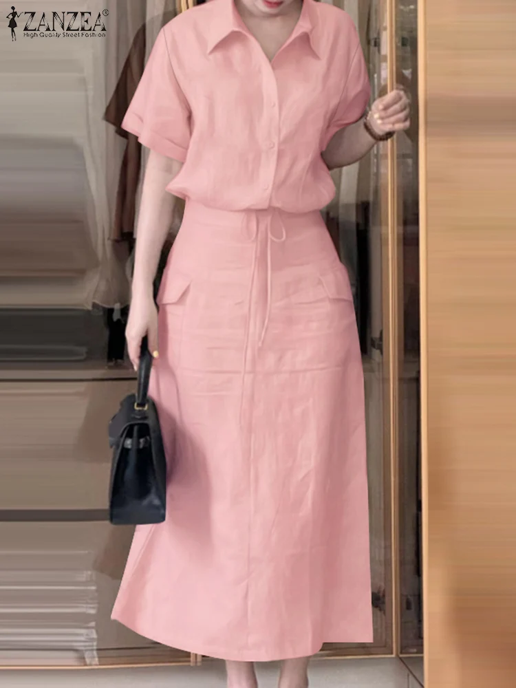 

Summer 2PCS Outfits ZANZEA Elegant Women Dress Sets Fashion Matching Sets Short Sleeve Shirt Skirt Suit Solid OL Work Tracksuits