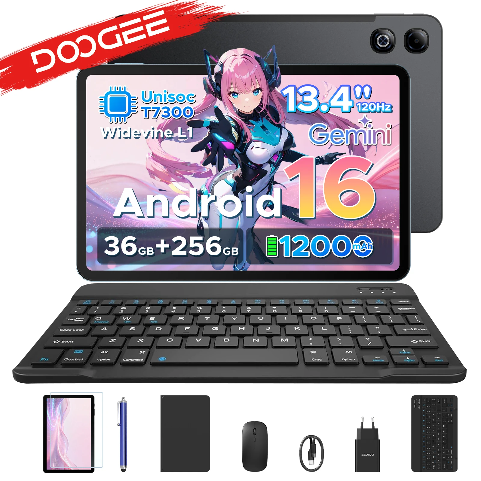 DOOGEE U13 Pro 2-in-1 tablet-pc, 13,4 inch 120Hz scherm, 11000mAh batterij, Android 16, 36GB RAM (6+30), 256GB ROM, Gemini AI, Widevine L1, Netflix ondersteuning, Smart Pad PC