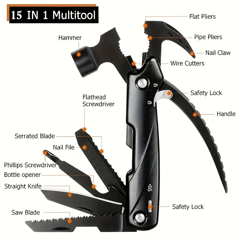 1pc Unique 15-in-1 Multifunctional Hammer,  Cool Gadget Christmas Stocking Stuffer & Survival Gear for Camping