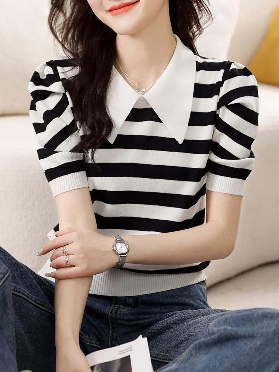 تي شيرت نسائي مخطط بأكمام قصيرة لصيف 2025 موضة جديدة على الطراز الكوري قميص بولو فضفاض متعدد الاستخدامات بتصميم فريد