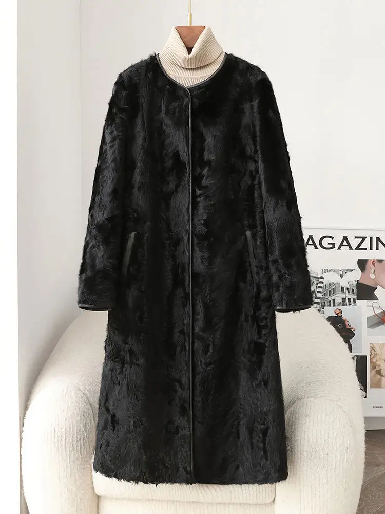 Xiaohu Cappotto integrato in pelliccia di agnello per giovani donne, cappotto di pelliccia di agnello Haining di media lunghezza