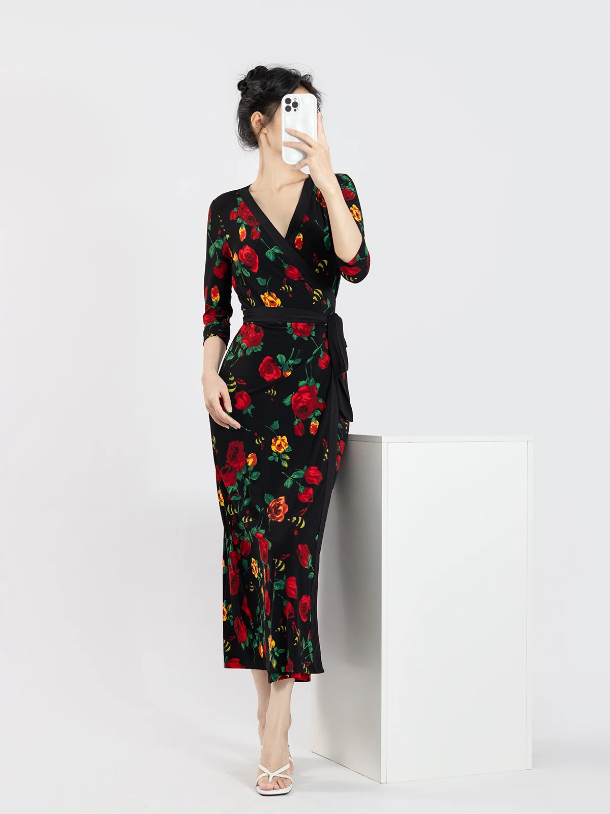 

Bla Red Rose Print Wrap Dr Women's Summer Vintage High-End New Chinese Sle Long Dr Faionable Sve Length