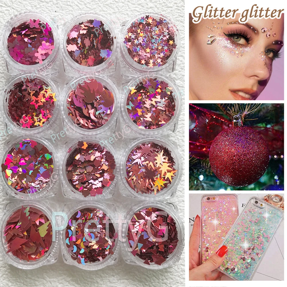 PrettyG 1 Juego de caja de 12 colores, purpurina holográfica Dk.red, forma de lentejuelas rosa, purpurina para uñas para resina, decoración artística de uñas DIY