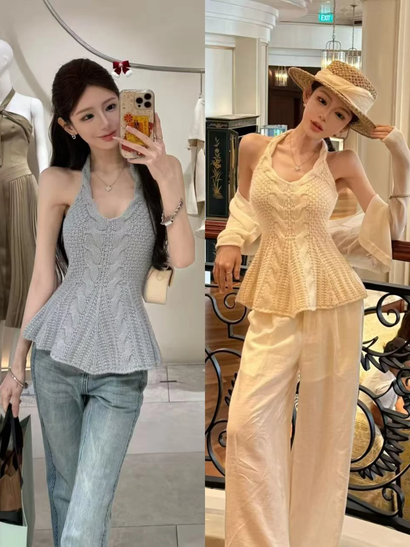 

Blue Knitted Halter Vest Women's Early Spring Sweater Beautiful Slimming Waist High Waist Knitted Top for Young Women
