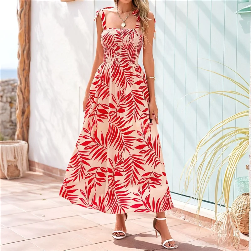 ABRT-สตรีฤดูร้อน Smocked Maxi Dress Boho สปาเก็ตตี้สาย Flowy Beach Long Sundress