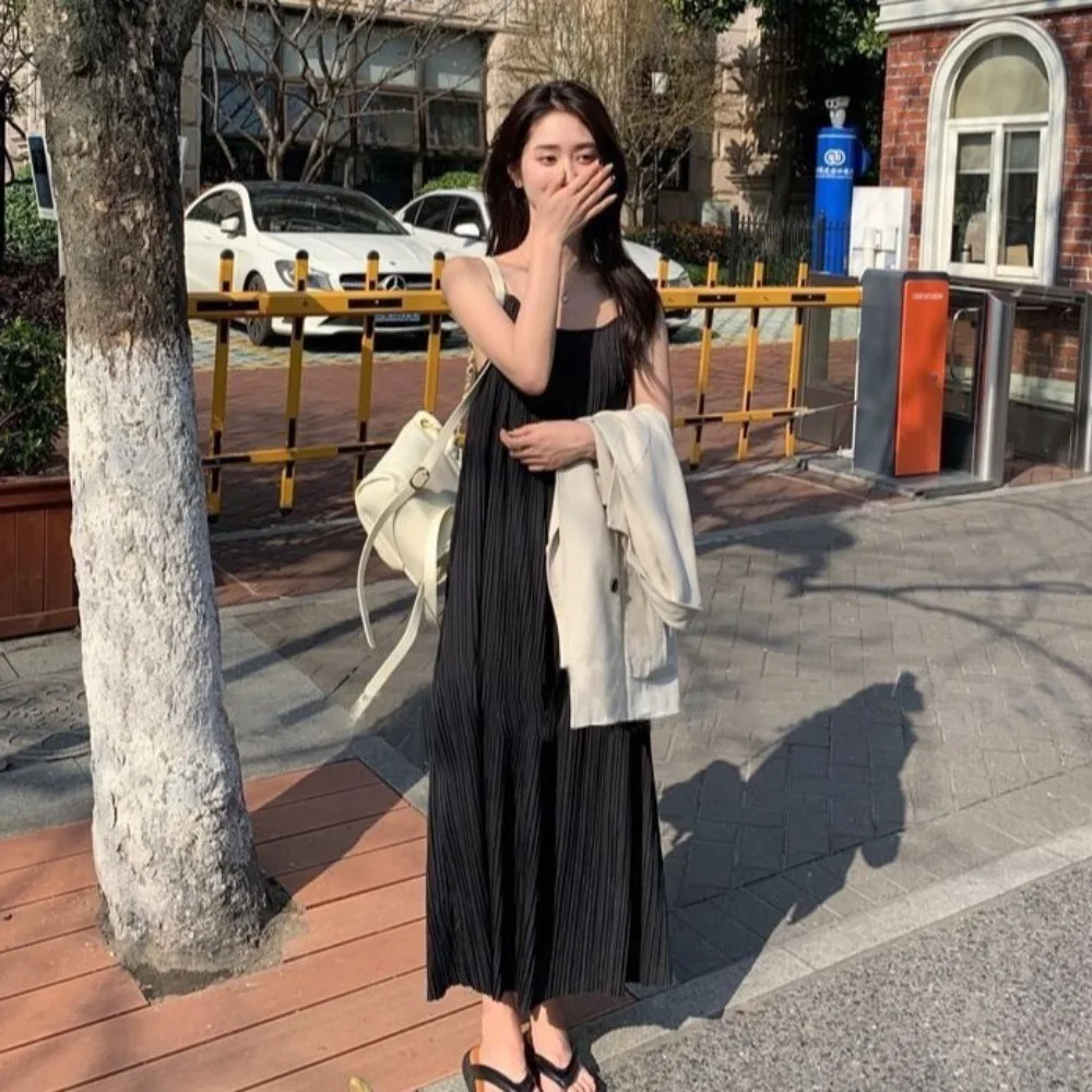 

Simple A-line Loose Sling Dress Round Neck Beachwear Sleeveless Long Dress Solid Color Beach Vacation Sundress Holiday