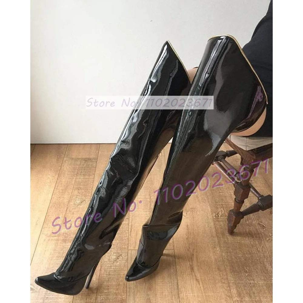 Wide Fit Thigh High Women Boots Women Hollow Out Back-zip Patent Leather Shoes Ladies Pointy Toe 16cm Super High Heel Boots