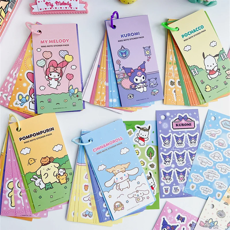 Sanrio Memo Book Stickers Hello Kitty Kuromi Cartoon Hand Account Diy Goo Card Combination Ring Buckle Sticker Kids Toys