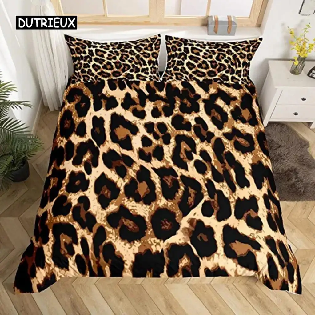 

Leopard Print Duvet Cover Safari Cheetah Africa Animal Bedding Set Men Women Bedroom Decor Black and Brown Leopard Quilt Cover