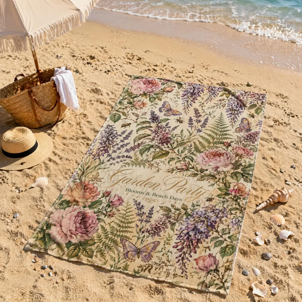 Retro Cottage Garden Floral Beach Towel, Garden Party Rose Butterfly Microfiber Bath Blanket,Boho Beach Accessory Gift for Women