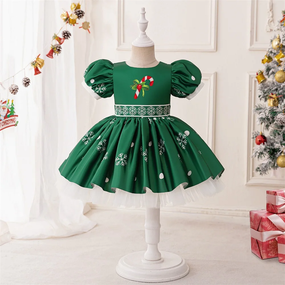 Christmas Carnival Party Dresses Kids Santa Claus Green Snowflake Gift Girl Red Stripe Umbrella Handle Dress Girls Christening