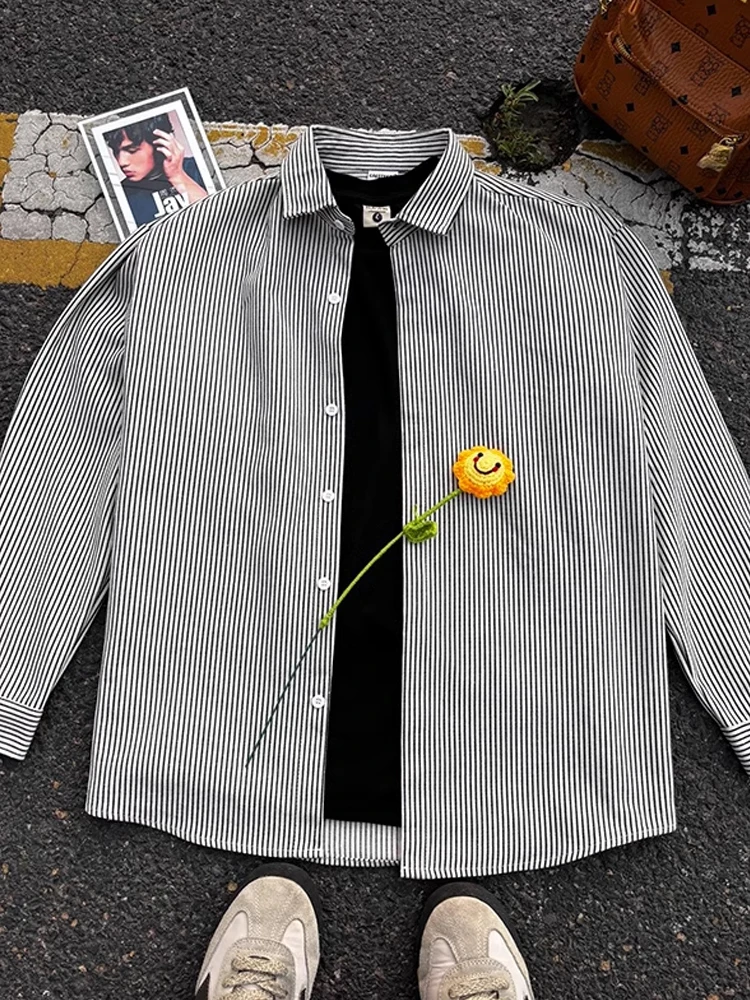 

Advanced Stripe Men's irt Long Sve Inner Wear Casual OOTD Layering Vintage Japanese Sle Button up Polyester Cotton Blend