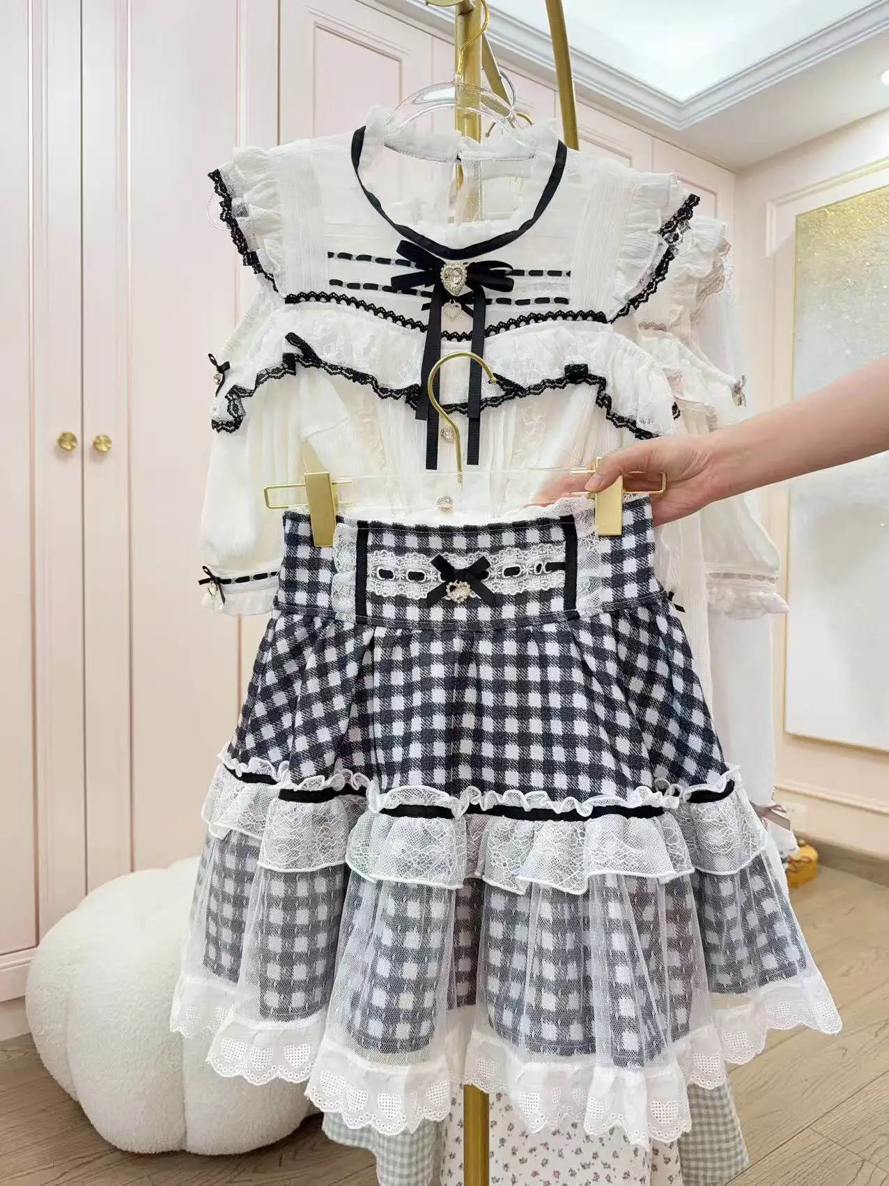 Japanese Liz Sweet Lolita Dress Set 2026 Lace Trim Bow Doll Collar Tiered Long Sleeve Dress and Skirt Two-piece Outfit