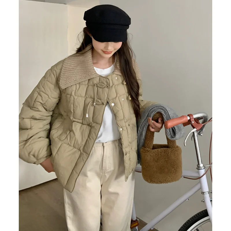 Khaki Down Jacket Women Coat Streetwear Fashion American Y2K Style Duck Down Feather Female 2023 NEW Winter Black Short Outwear