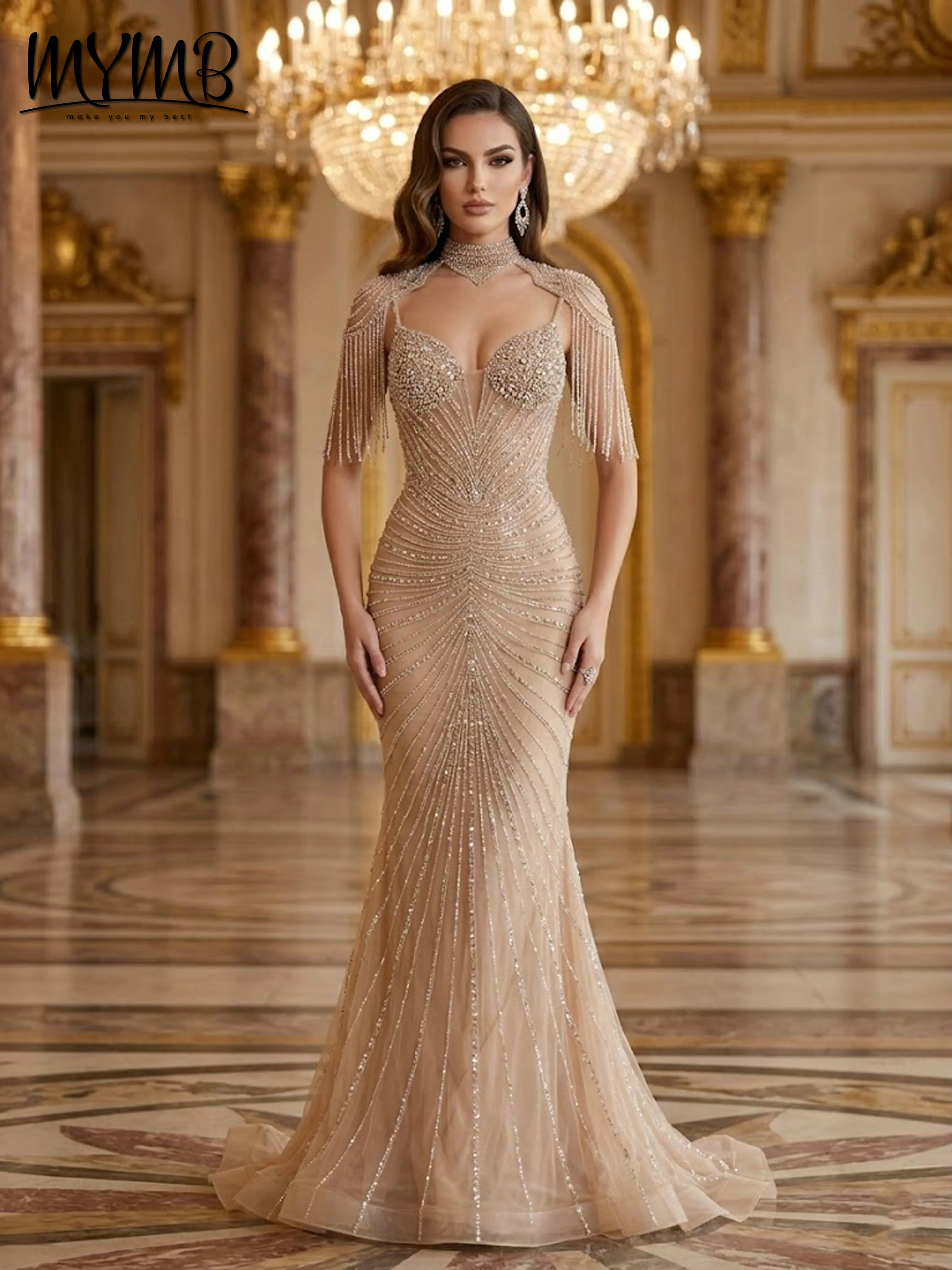 

MYMB Luxury Champagne Mermaid Evening Dress Heavy Beaded Crystals Rhinestones Prom Gowns with Tassel Choker Formal Dress MC20147