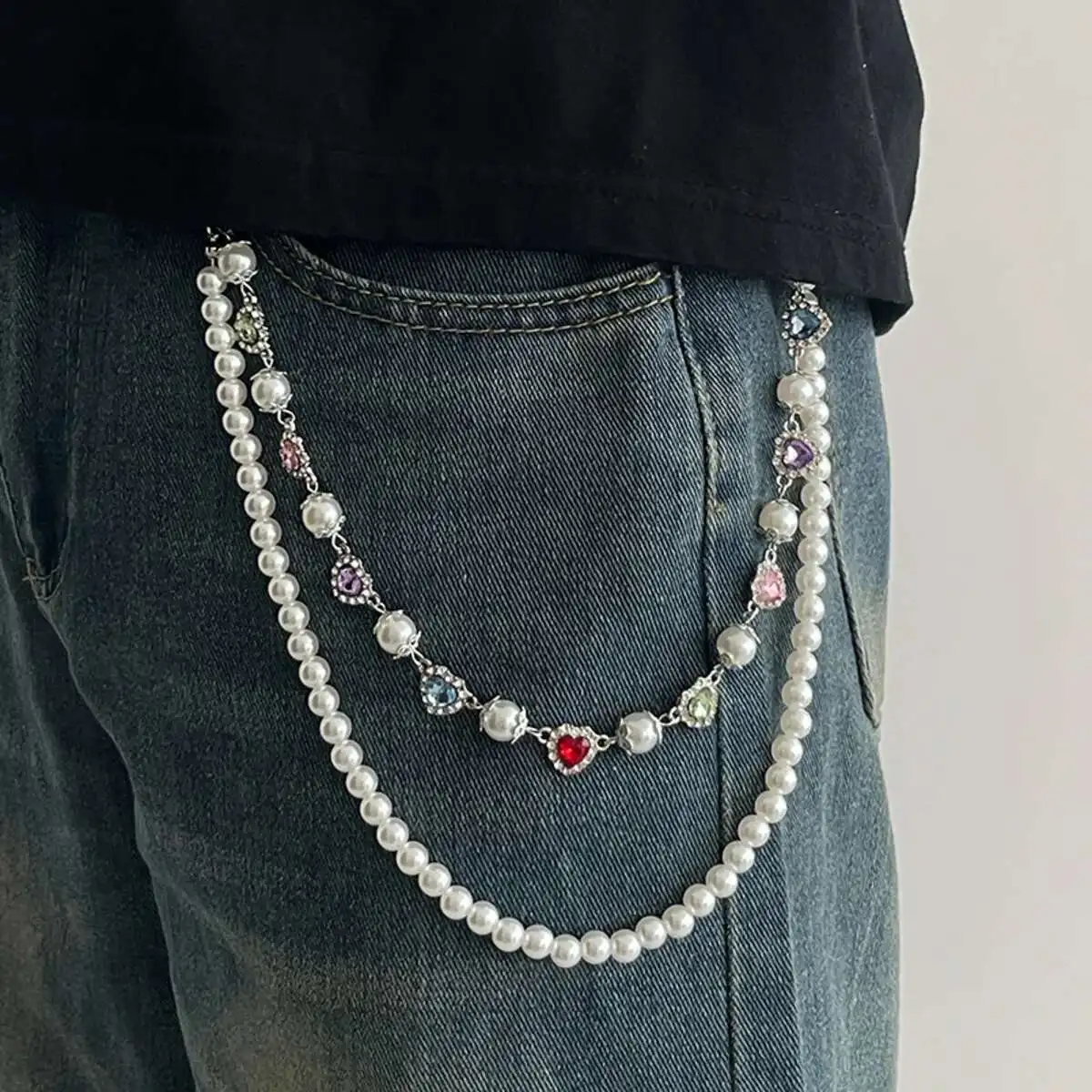 KunJoe Hip Hop Layered Imitation Perle Hose Kette Brieftasche Gürtel Kette Männer Frauen Punk Herz Strass Schlüsselbund Jeans Zubehör