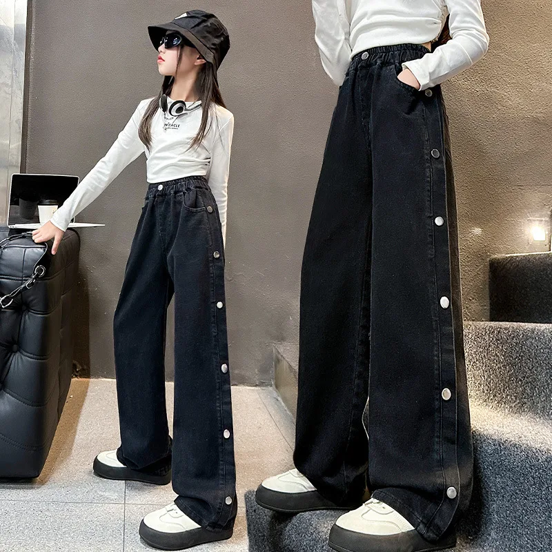 

Весенне-осенние детские джинсы свободного кроя с пуговицами по бокам для девочек-подростков, модные повседневные джинсовые брюки, детские черные брюки