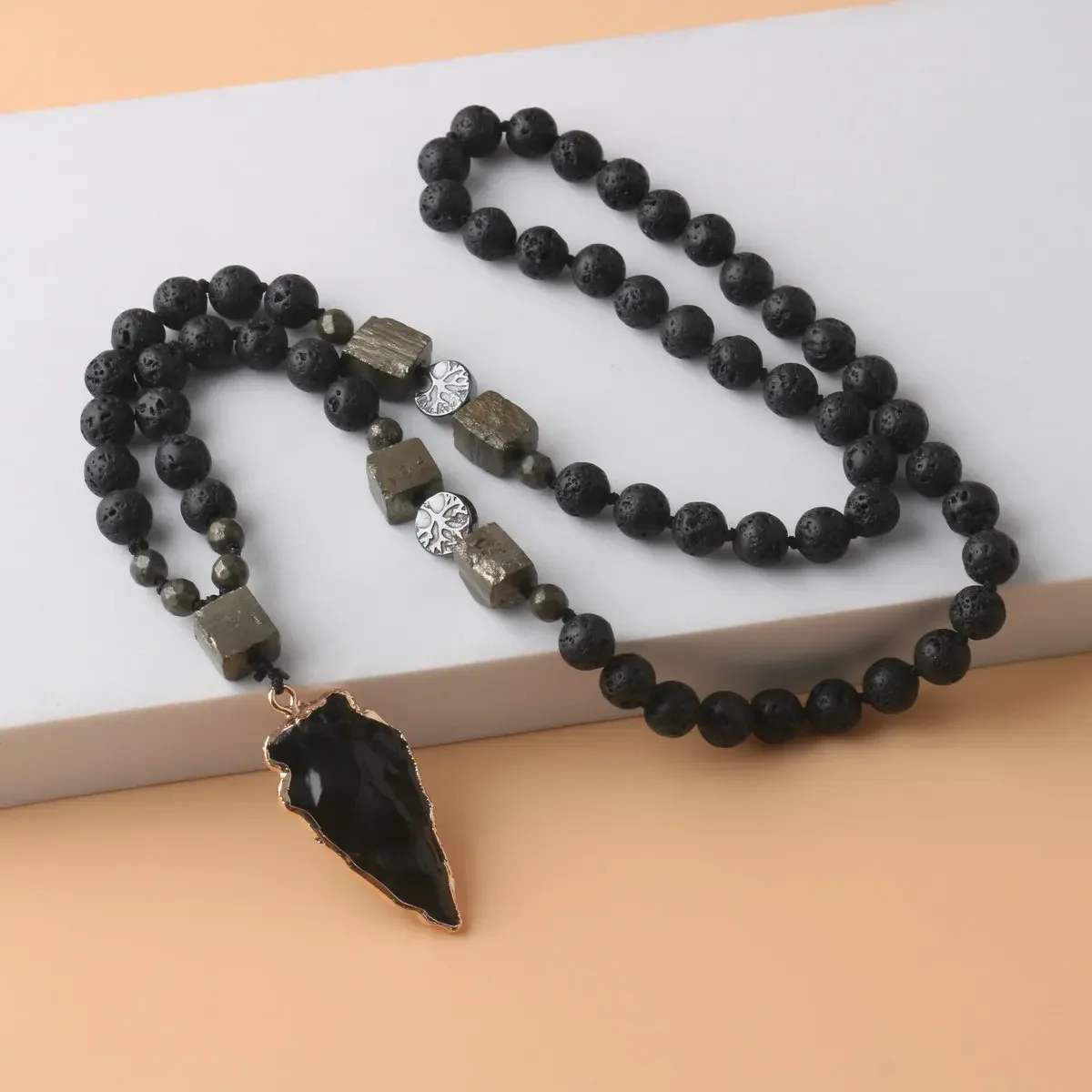 1pc 8mm Lava Rock Obsidian Arrow Pendant Beaded Necklace Hand Beaded Copper Iron Handmade Knotted Men JewelryNecklace