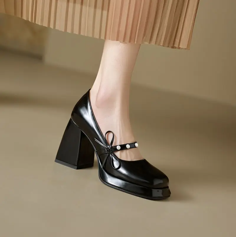 REAVE CAT White Female Pumps Square Toe 9cm Block Heel Slip On String Beads Bowknot Big Size 43 44 45 46 Sexy Dating Women Shoes view 3