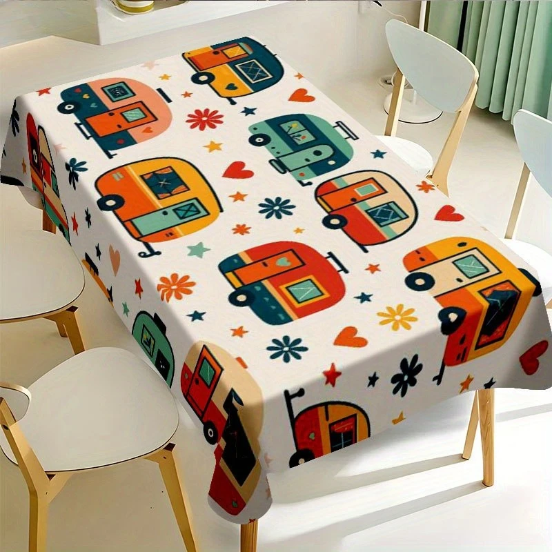 Camper Pattern Tablecloth for Table Waterproof Rectangle Reusable Color Ful Cartoon Table Cover for Holidays Indoor Outdoor