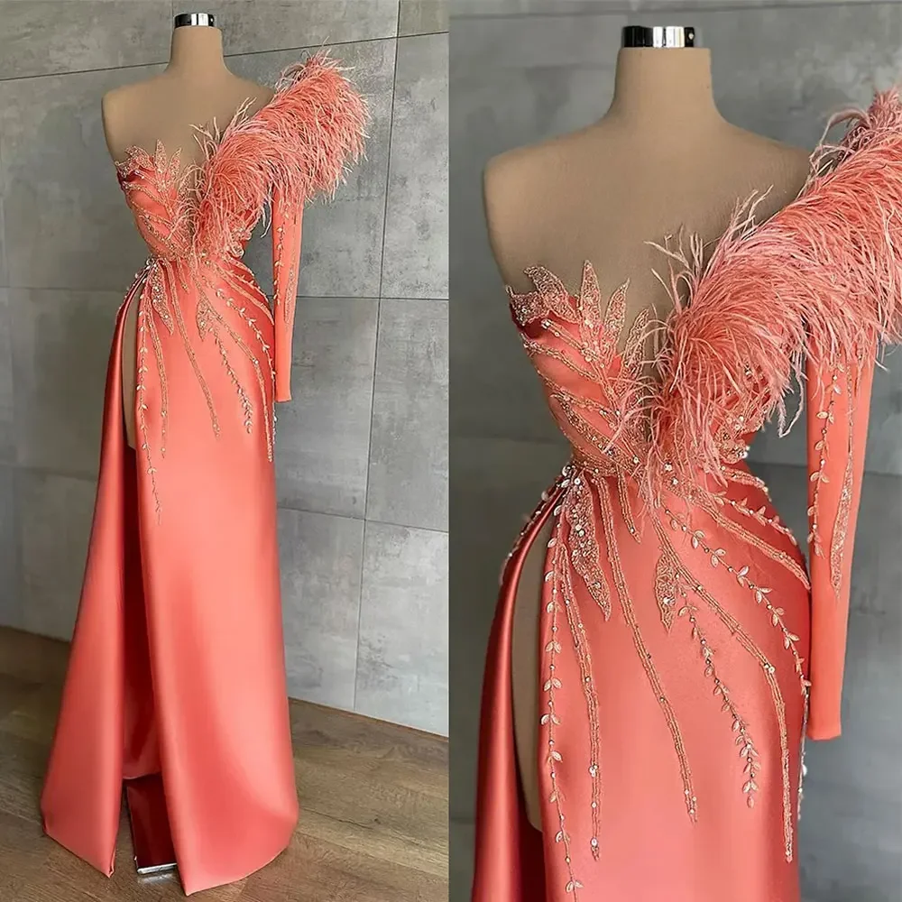 

Gorgeous Evening Dresses Sweetheart One Shoulder Sleeve Feathers Appliques Floor Length A-line Side Split Women Prom Gowns