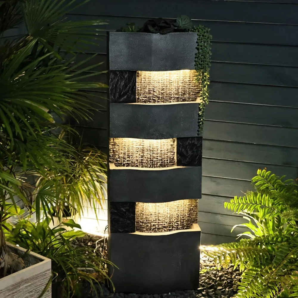 

H Garden Water Fountain Outdoor, 4 Tiered Floor Standing Waterfall Outdoor Fountains with LED Lights for Garden, Patio, Bac