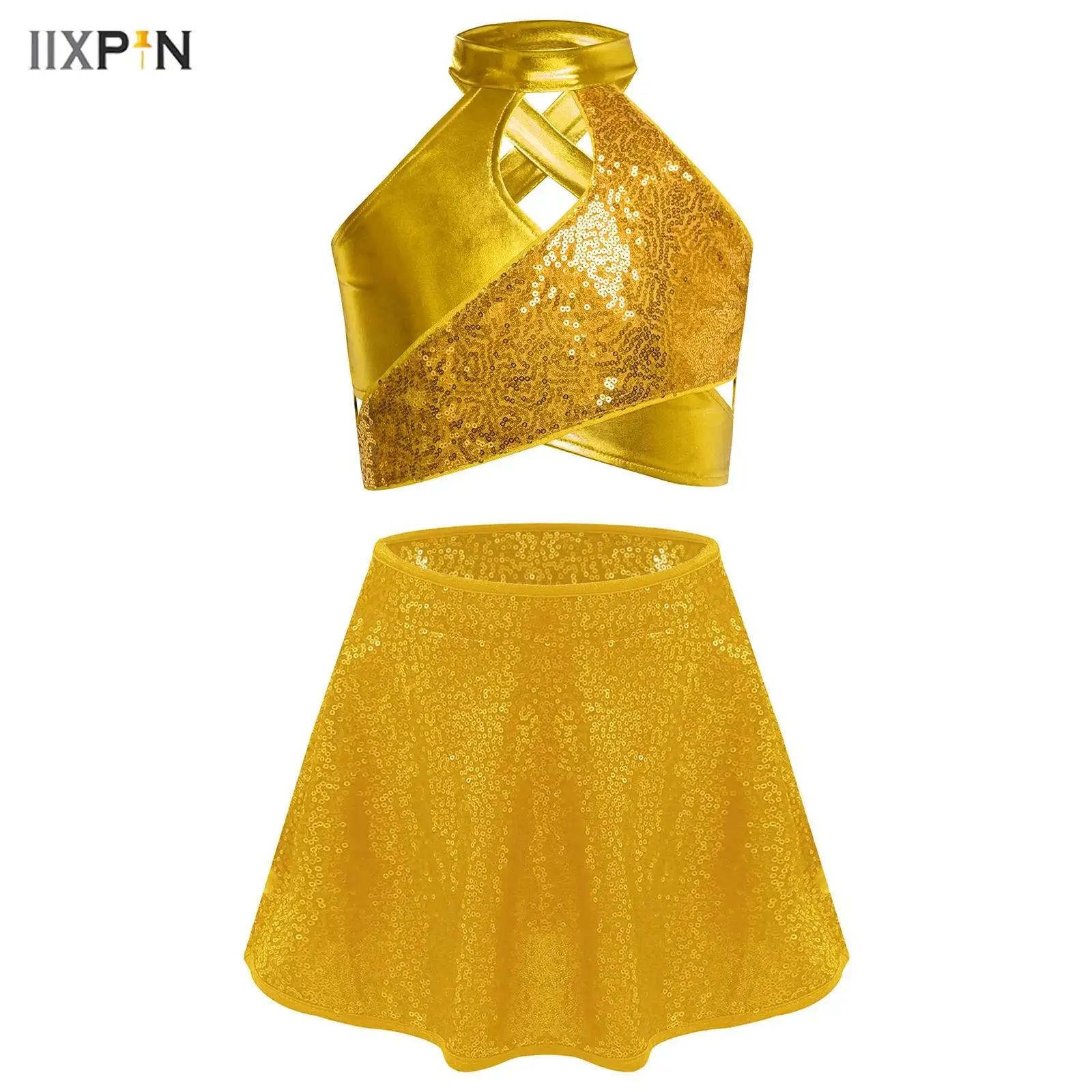 

Kids Girls Jazz Latin Dance Costumes Sparkly Sequins Metallic Cross Keyhole Crop Top+Sequined Skirt for Stage Show Streetwear