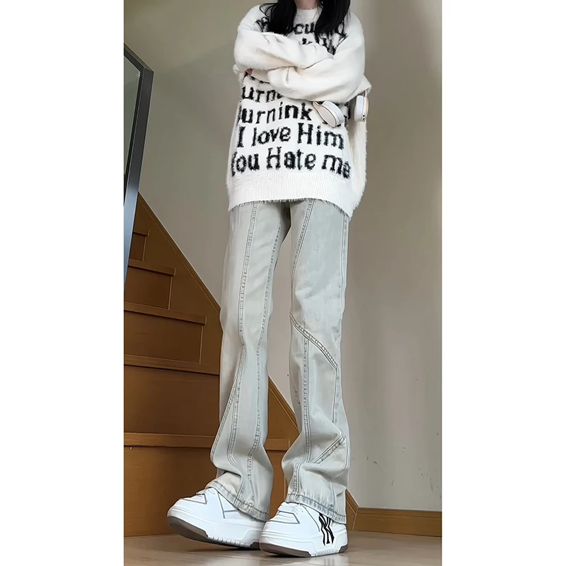 

Autumn Winter Men's Slim Straight Leg Jeans Yellow Mud Color Micro Flared American High Street Sle Wear Resistant Workwear