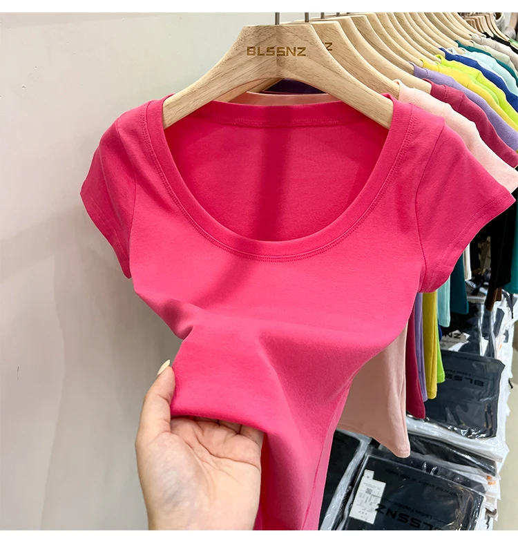 2026 Sexy Quadratischer Ausschnitt Slim T-Shirt Damen Baumwolle Elastisch Basic Einfarbig Lässige Oberteile Kurzarm Dünne T-Shirts Transparent – Detail 16