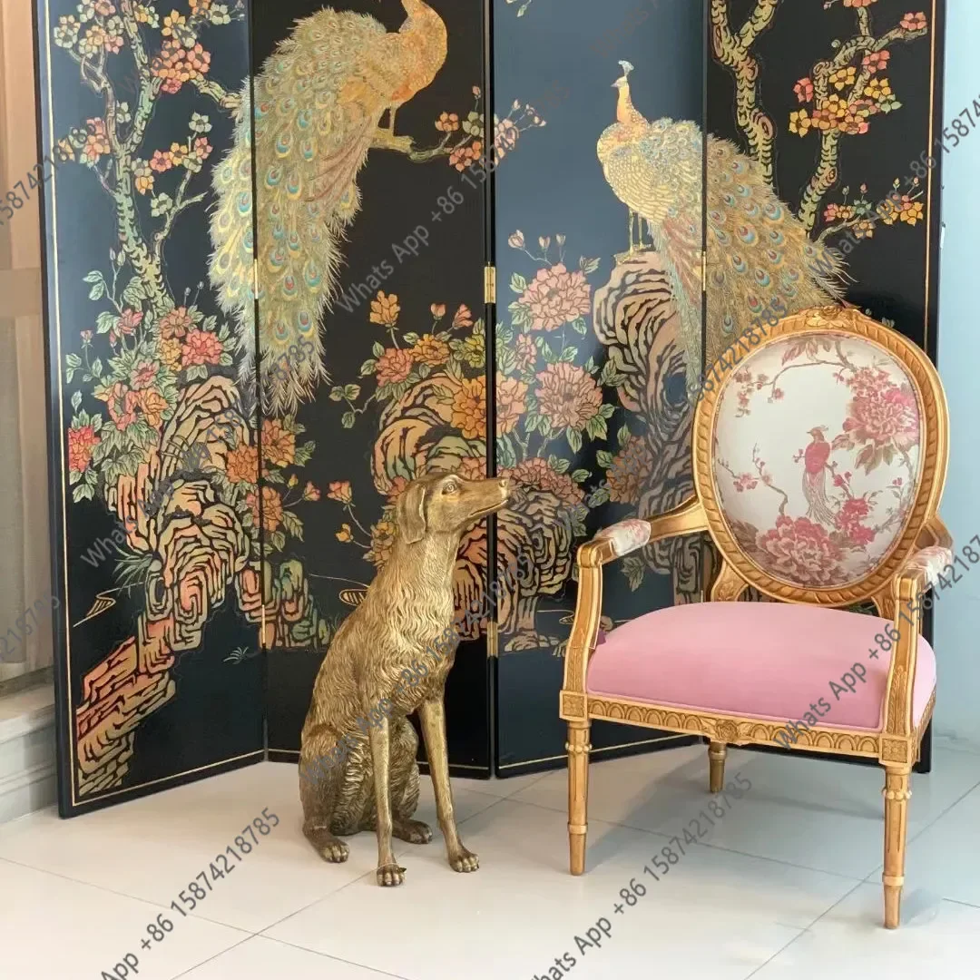 30 French light luxury solid wood dining chair American retro living room balcony gold carved single fabric sofa book chair