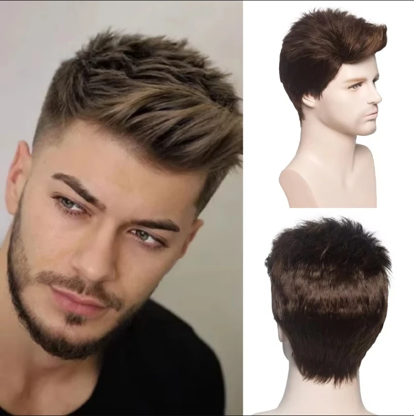 

Short Men Wig Pixie Cut Natural Straight Ombre Brown Wig Heat Resistant Fiber for Daily Cosplay Party