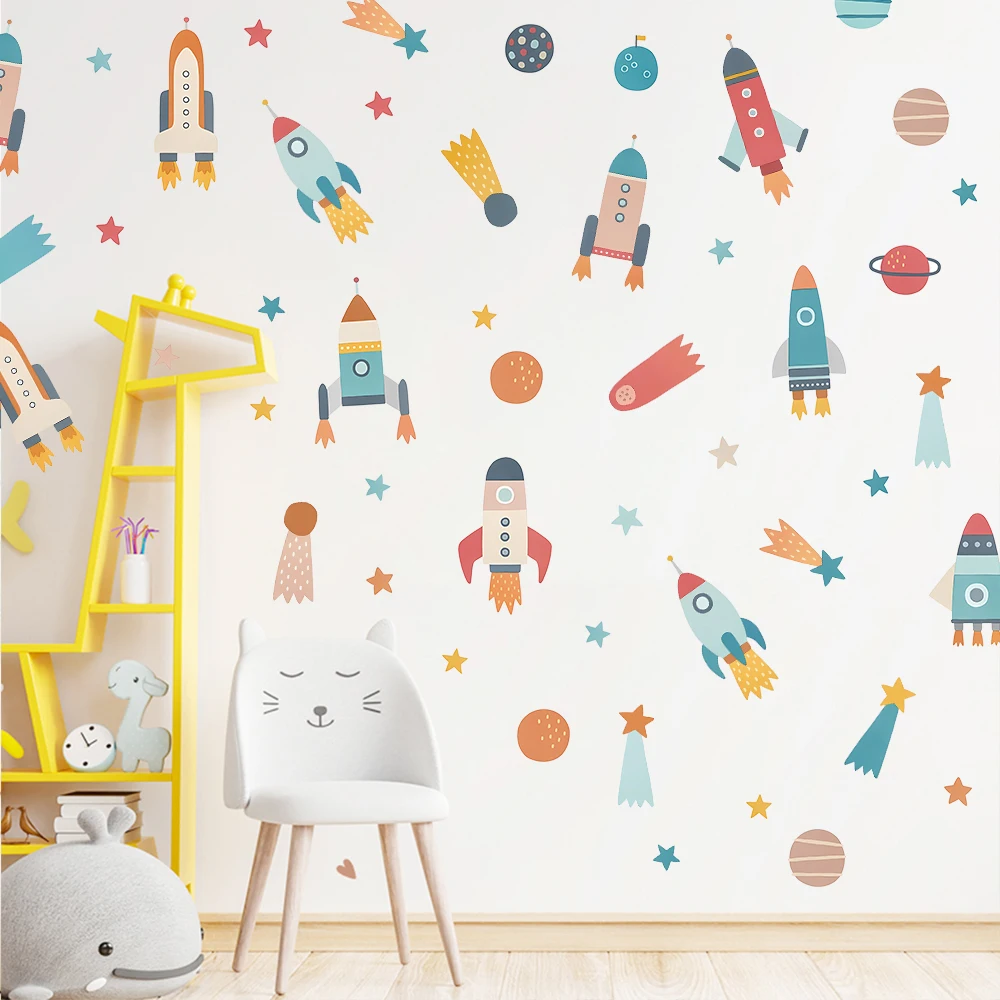 Creative Cartoon Spaceship Rocket Planet Theme Wall Stickers for Boys Bedroom Children Nursery DIY Wall Art Wallpaper Home Decor
