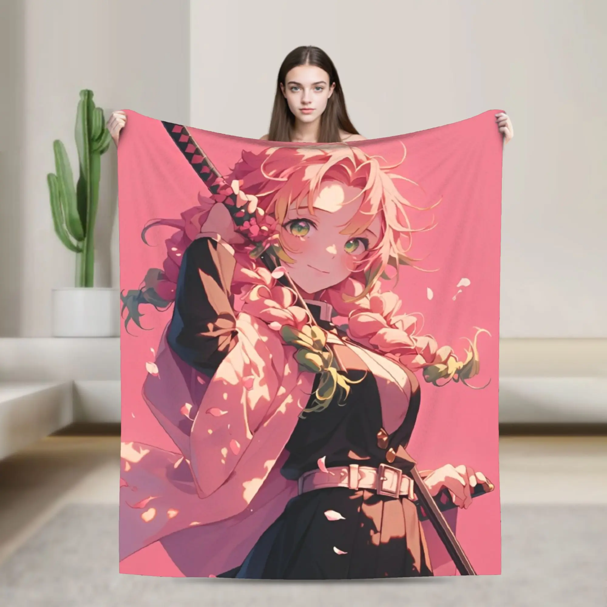 

Love Hashira Mitsuri Kanroji Blanket Anime Demon Slayer Flannel Funny Soft Throw Blankets for Chair Covering Sofa All Season