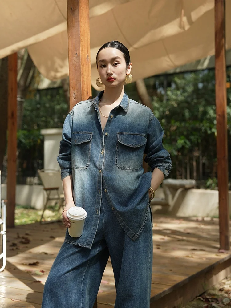 

Faionable Cotton Denim Wide Leg Pants And irt Set Spring Autumn Wear for Women 25-35 Years Old Button up Long Sve