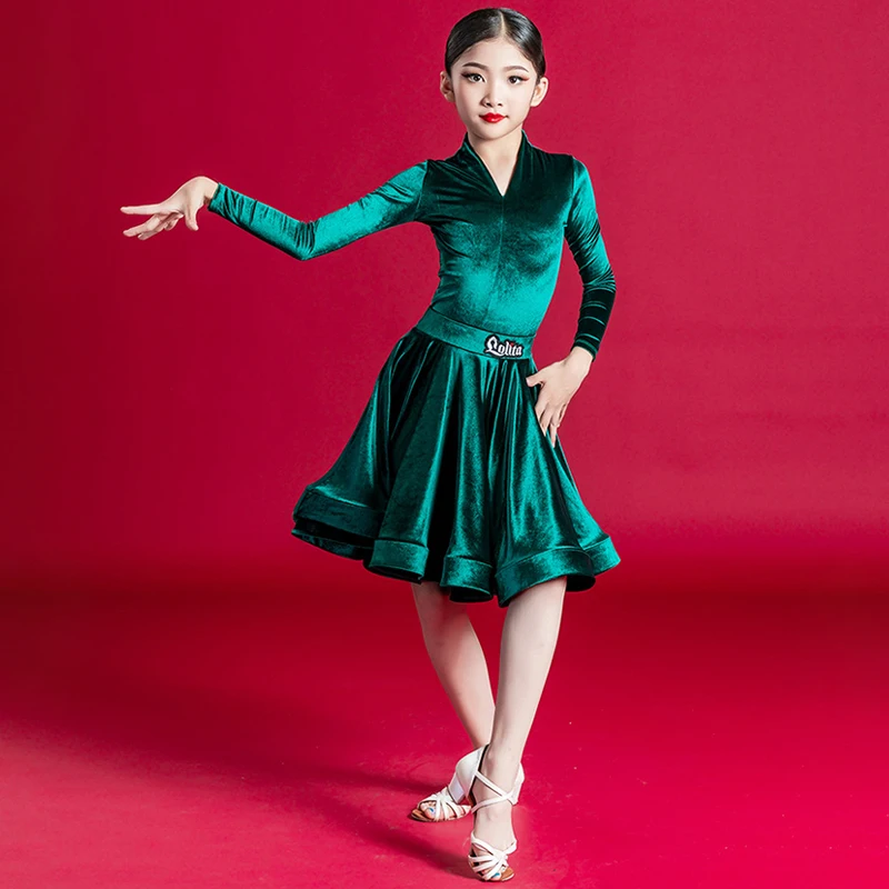 110-170cm Velvet Kids Latin Dance Costume Adult Professional Competition Girls Large Swing Dance Dress Latin Performance Wear