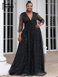 Missord Women Polka Dot Plus Size Dress Summer V Neck Long Sleeves Thigh Split A-line Beach Party Prom Dresses Black Ball Gown