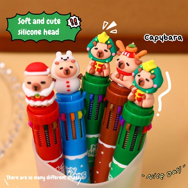 

30Pcs/Lot Cartoon Christmas Ten Color Ballpoint Pens Cute Capybara Doll School Marking Pen Student Smooth Writing Pen Wholesale