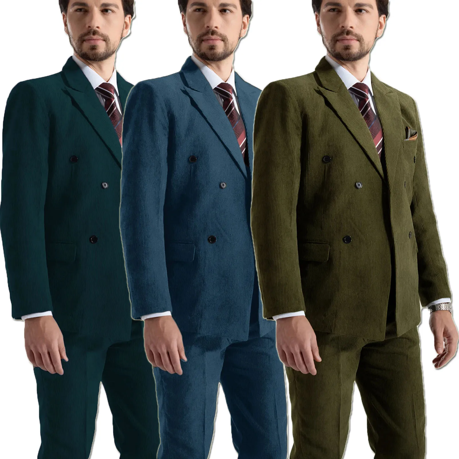 

High Quality Dark Green Men's Suits Double Breasted Bespoke Peaked Lapel Formal Blazer Slim Fit 2 Piece Jacket Pants